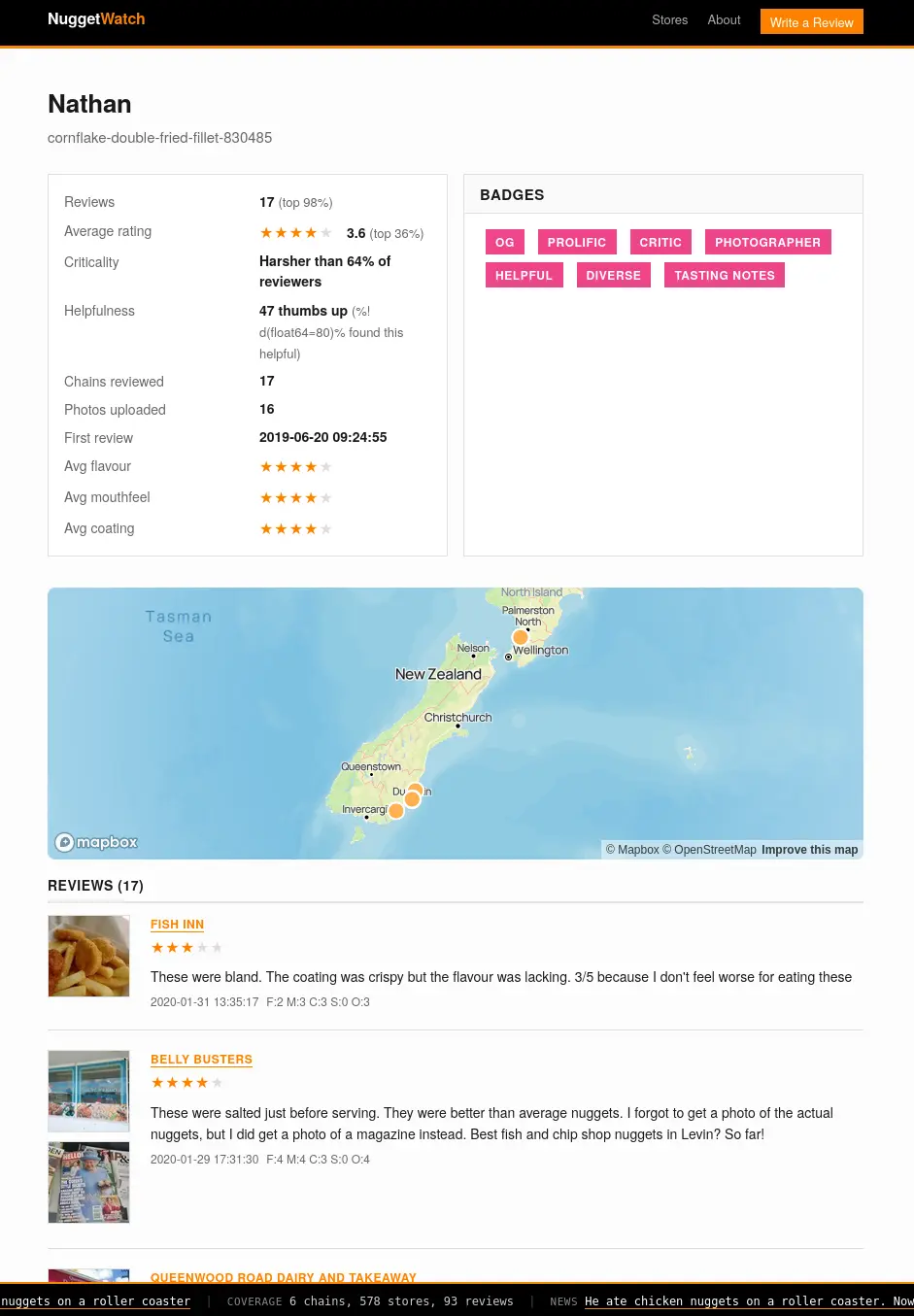 Nugget Watch user page with statistics and badges
